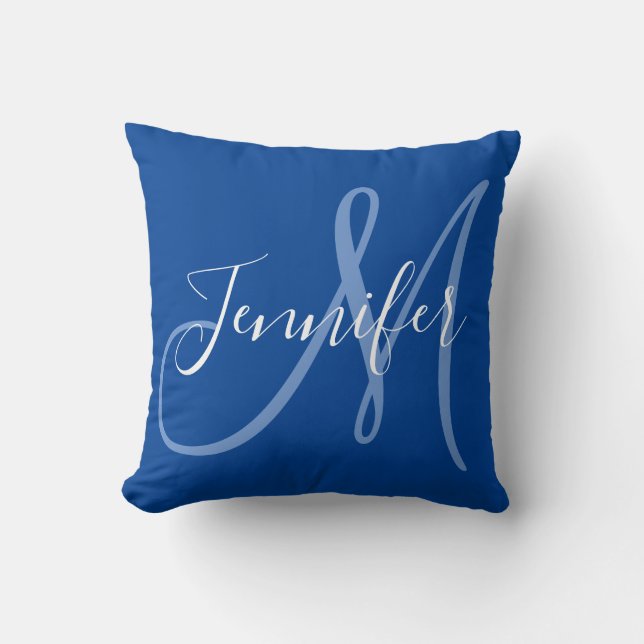 Modern Script Monogram in Blue Throw Pillow (Front)