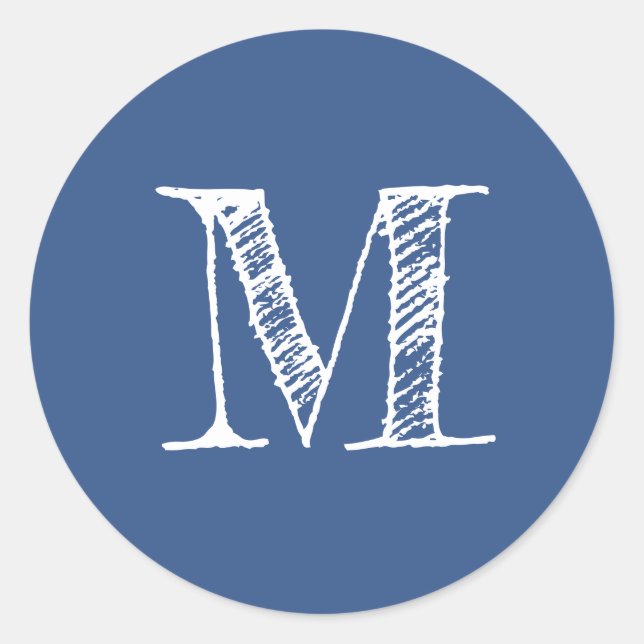 Modern Script Monogram Initial Classic Blue Round Sticker (Front)