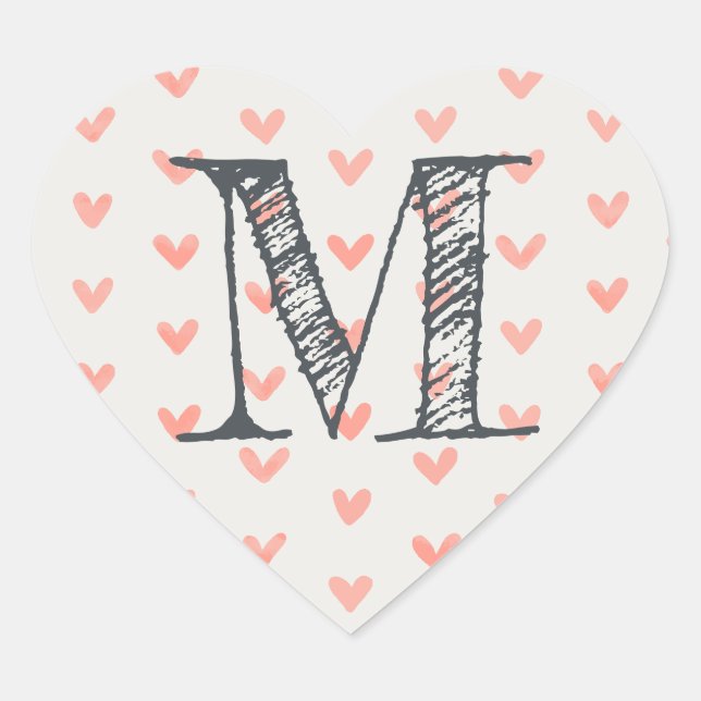 Modern Script Monogram Initial Coral Hearts Heart Sticker (Front)