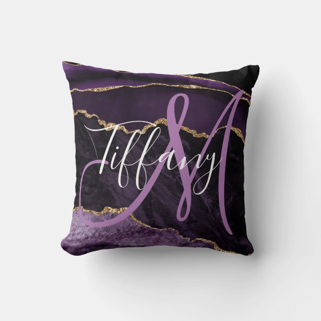Modern Script Monogram Purple Agate Throw Pillow (Front)