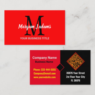 Modern Script Monogram (QR Code) Chic Black Red Business Card