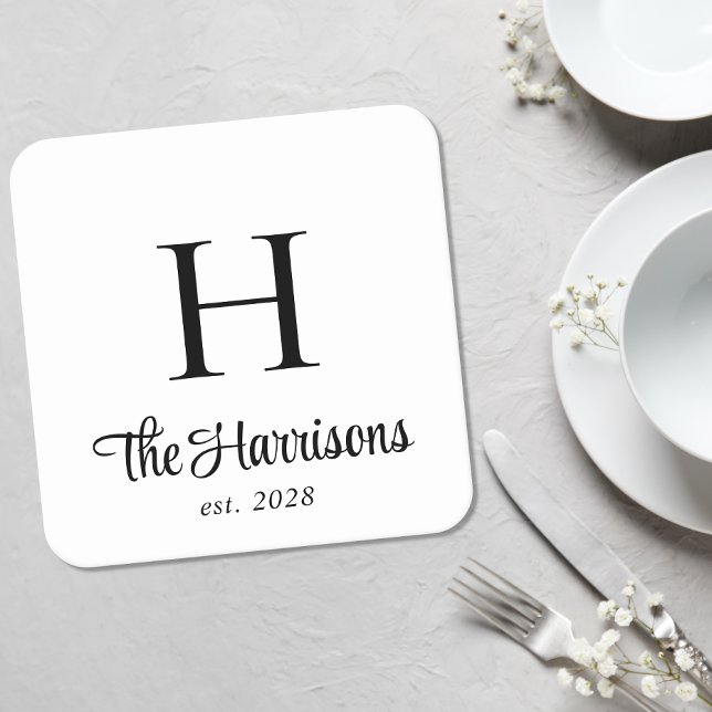 Modern Script Monogram Square Paper Coaster (Creator Uploaded)