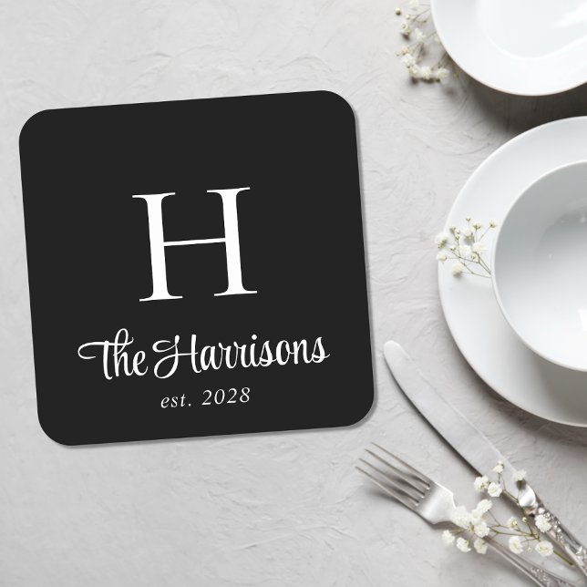 Modern Script Monogrammed Black Square Paper Coaster (Creator Uploaded)