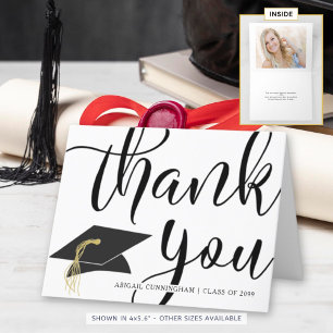 Modern Script Mortarboard Photo Graduation Thank You Card