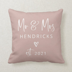 Modern Script   Mr and Mrs. Wedding Earthy Pink Throw Pillow