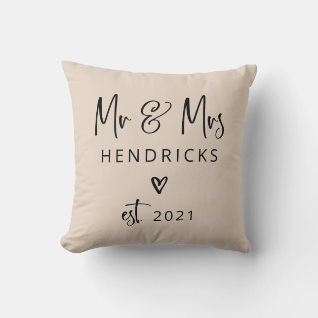 Modern Script Mr and Mrs Wedding Neutral and Black Throw Pillow (Front)