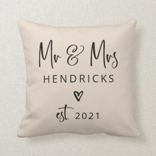 Modern Script Mr and Mrs Wedding Neutral and Black Throw Pillow