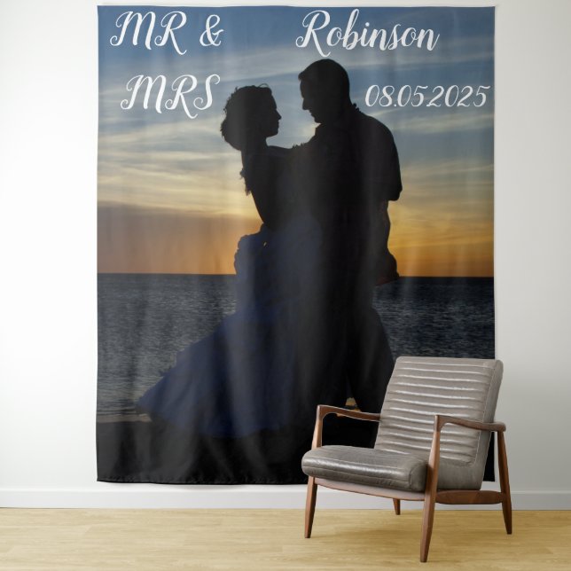Modern Script Mr & Mrs Wedding Backdrop banner Tapestry (In Situ)