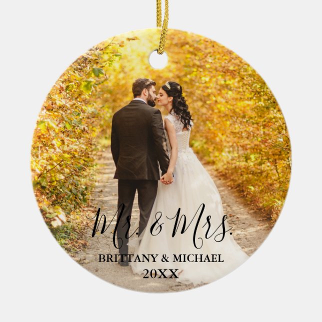 Modern Script Mr. & Mrs. Wedding Photo Round Ceramic Ornament (Front)
