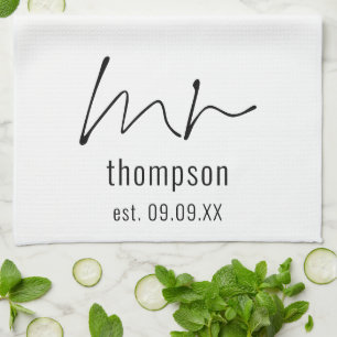 Modern Script Mr Name Date Newlywed Keepsake  Kitchen Towel