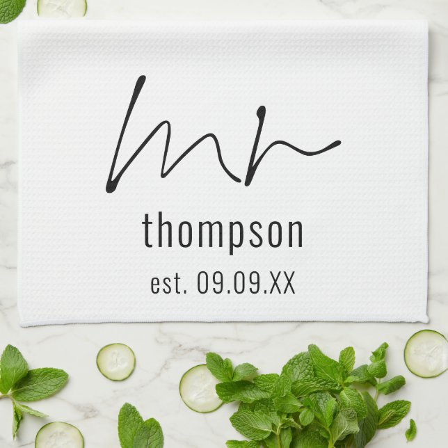 Modern Script Mr Name Date Newlywed Keepsake  Kitchen Towel (Folded)