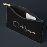 Modern Script Name  Accessory Pouch<br><div class="desc">This accessory pouch can serve as an everyday accessory or makeup bag,  OR Gift your maid of honour,  bridesmaids,  flower girl,  mother of the bride,  and mother in law,  a simple,  minimalist stylish toiletries,  makeup bag. White script name on black. This style with name only,  for everyday use.</div>