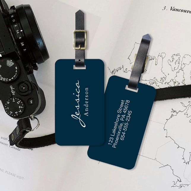 Modern Script Name Address Luggage Tag (Elevate your travel with our elegant luggage tag, personalized with your name and essential details.)