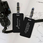 Modern Script Name Address Luggage Tag<br><div class="desc">Introducing our personalized luggage tag – a stylish and practical accessory to enhance your travel experience. Designed with a sleek black background and crisp white text, this tag combines aesthetics and functionality seamlessly. The front of the tag proudly displays your name in script, ensuring your luggage stands out from the...</div>