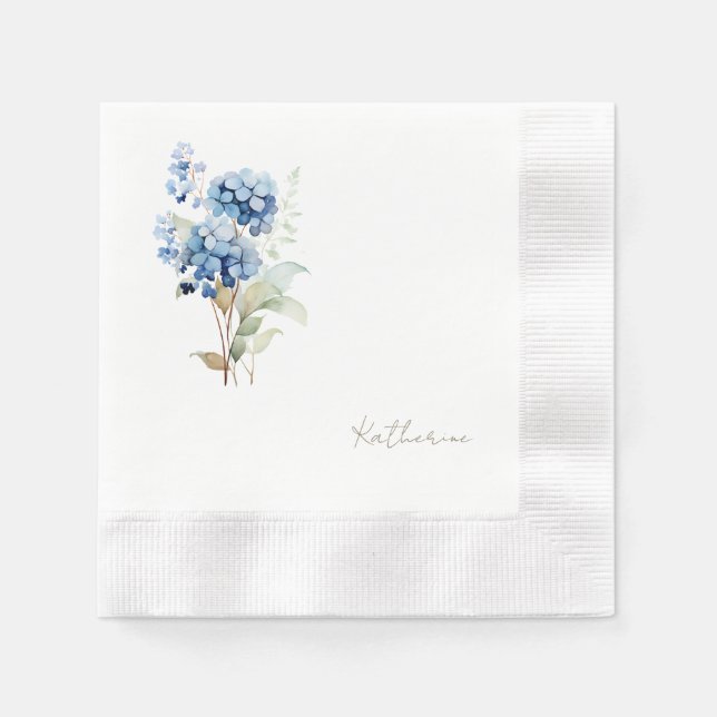 Modern Script Name Blue Hydrangea Bridal Shower Napkin (Front)