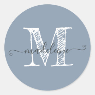 Modern Script Name Monogram Initial Dusty Blue Classic Round Sticker