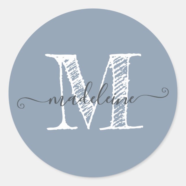 Modern Script Name Monogram Initial Dusty Blue Classic Round Sticker (Front)