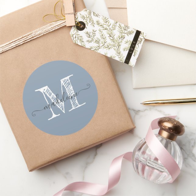 Modern Script Name Monogram Initial Dusty Blue Classic Round Sticker (Gifting)