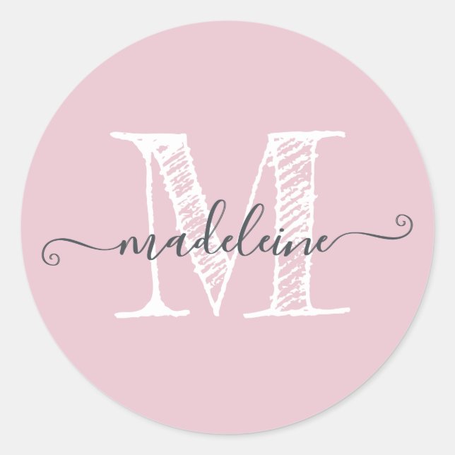 Modern Script Name Monogram Initial Parfait Pink Classic Round Sticker (Front)