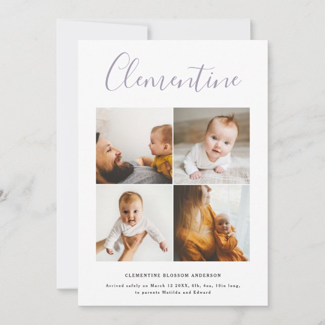 Modern script name multi photo polka dot birth announcement (Front)