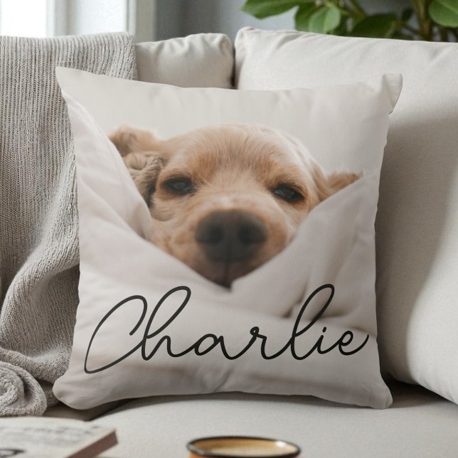 Modern Script Name Personalized Pet Photo Dog Throw Pillow (Modern Script Name Personalized Pet Photo Dog Throw Pillow)