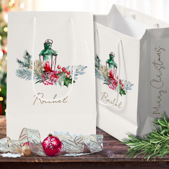 Modern Script Name Watercolor Merry Christmas Medium Gift Bag (Creator Uploaded)