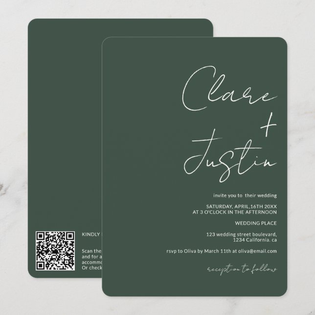 Modern script names green qr code wedding invitation (Front/Back)