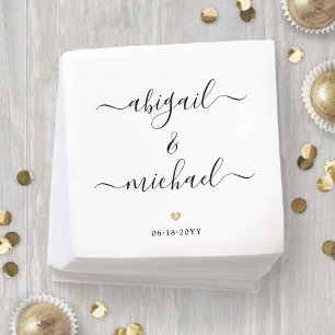 Modern Script Names & Simple Gold Heart Wedding Napkin