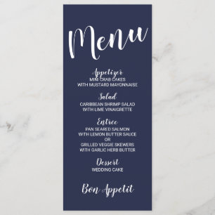 Modern Script Nautical Navy Blue Wedding Menu