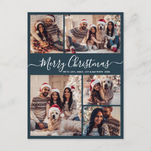 Modern Script Navy 5 Photo Collage Christmas  Postcard