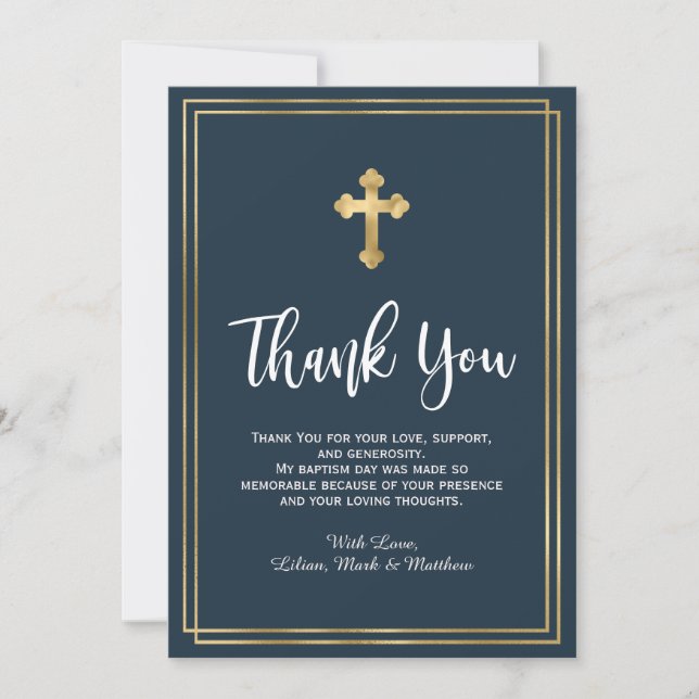 Modern Script Navy and Gold Blue Baptism Thank You Card (Front)