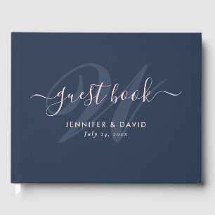Modern Script Navy Blue and Blush Monogram Wedding Guest Book