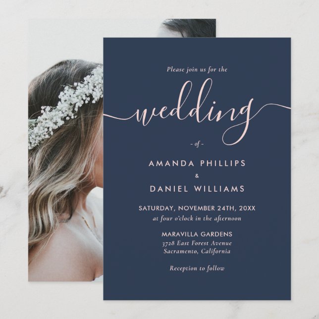 Modern Script Navy Blue and Blush Photo Wedding Invitation (Front/Back)