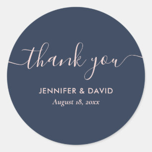 Modern Script Navy Blue and Blush Thank You Classic Round Sticker