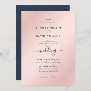 Modern Script Navy Blue and Blush Wedding Invitation