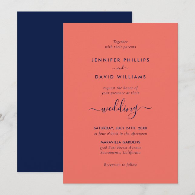 Modern Script Navy Blue and Coral Wedding Invitation (Front/Back)