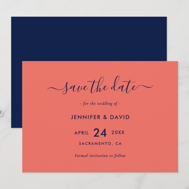 Modern Script Navy Blue and Coral Wedding Save The Date (Front/Back)