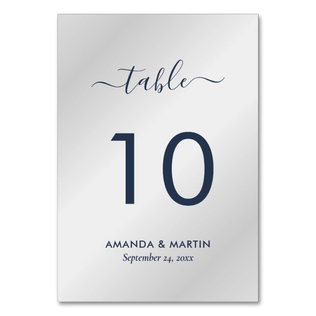 Modern Script Navy Blue and Silver Table Number (Front)