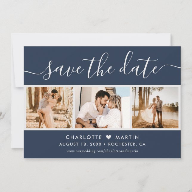 Modern Script Navy Blue and Silver Wedding 4 Photo Save The Date (Front)