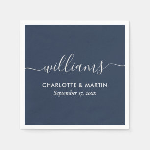 Modern Script Navy Blue and Silver Wedding Napkin