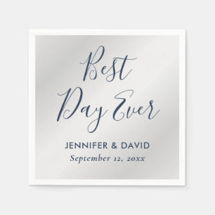 Modern Script Navy Blue and Silver Wedding Napkin