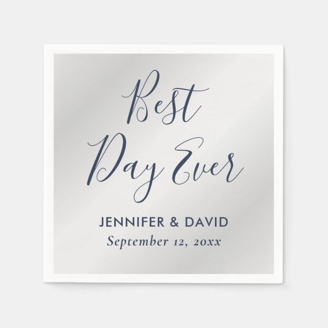 Modern Script Navy Blue and Silver Wedding Napkin (Front)