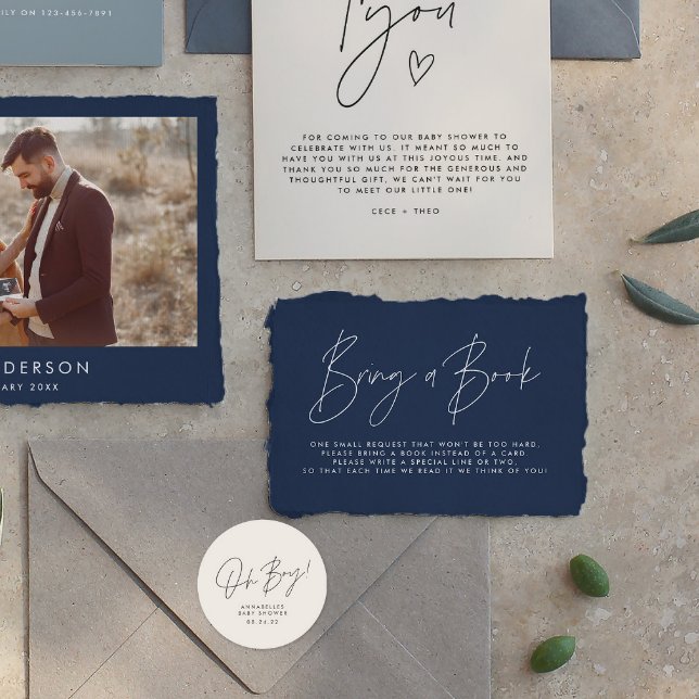 Modern script navy blue baby shower bring a book  card (Creator Uploaded)