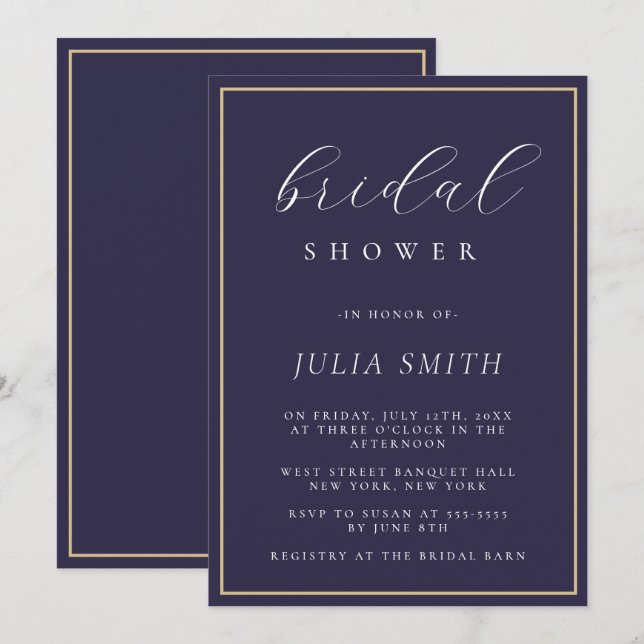 Modern Script Navy Blue Bridal Shower Invitation (Front/Back)
