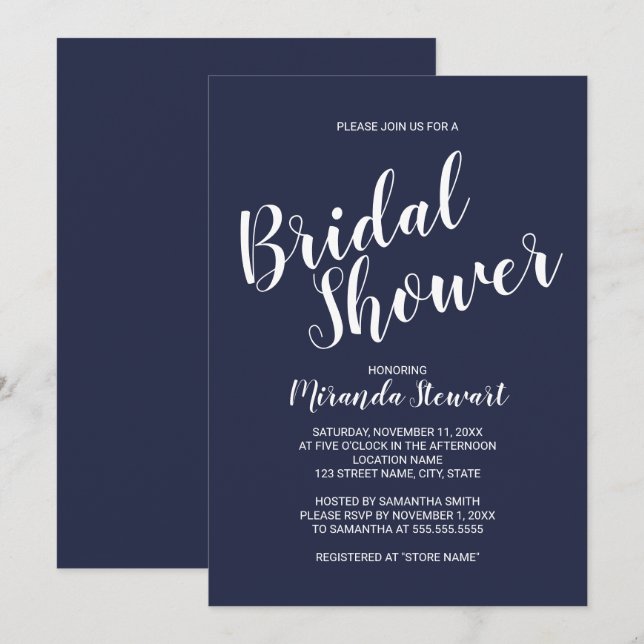 Modern Script Navy Blue Bridal Shower Invitation (Front/Back)