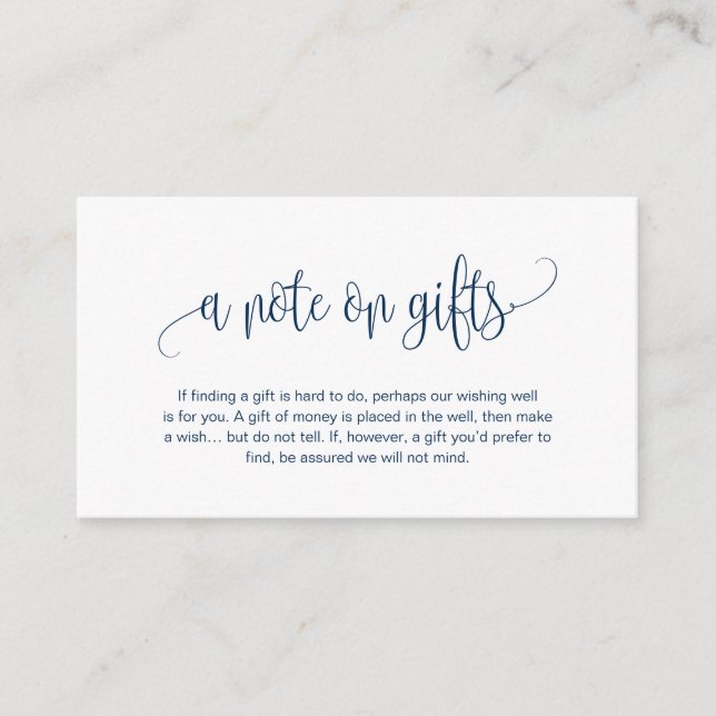 Modern Script, Navy Blue font, A note on gifts Enclosure Card (Front)
