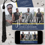 Modern Script Navy Blue & Gold 4 Photo Graduation Announcement<br><div class="desc">Share the joy of a high school or college graduation with custom 4 photo collage navy blue and gold announcements. The pictures and all wording on this template are simple to personalize with any details of your choice, such as party invitation info, parents' names, special honours, degree title, favourite inspirational...</div>