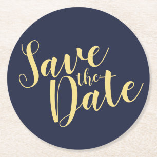 Modern Script Navy Blue Gold Wedding Save the Date Round Paper Coaster