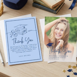 Modern Script Navy Blue Graduation Photo Thank You Card