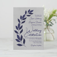 Modern Script Navy Blue Leaves on Gray Wedding